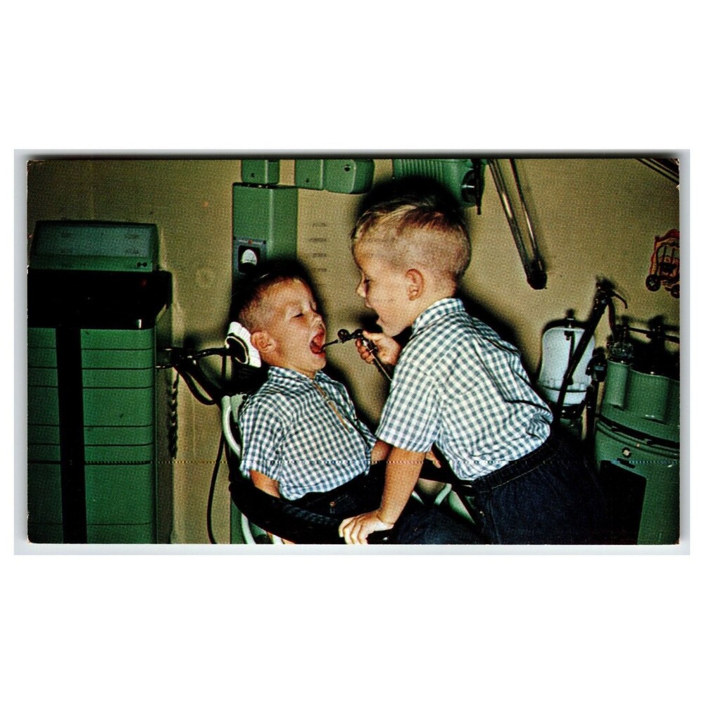 1964 Rockford IL Children's Dental Clinic Postcard Boys Playing Dentist